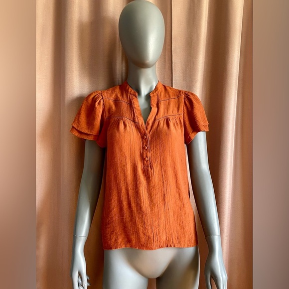 Nanette Lepore Tops - Nanette Lepore Small Orange Flutter Sleeve Bohemian Summer Blouse GUC
